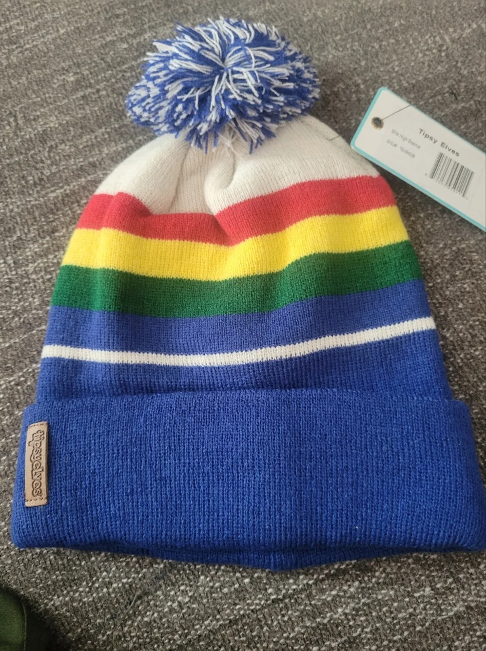 Tipsy Elves‎ NWT Mile High Rainbow Pom Beanie - Blue with Rainbow Stripes